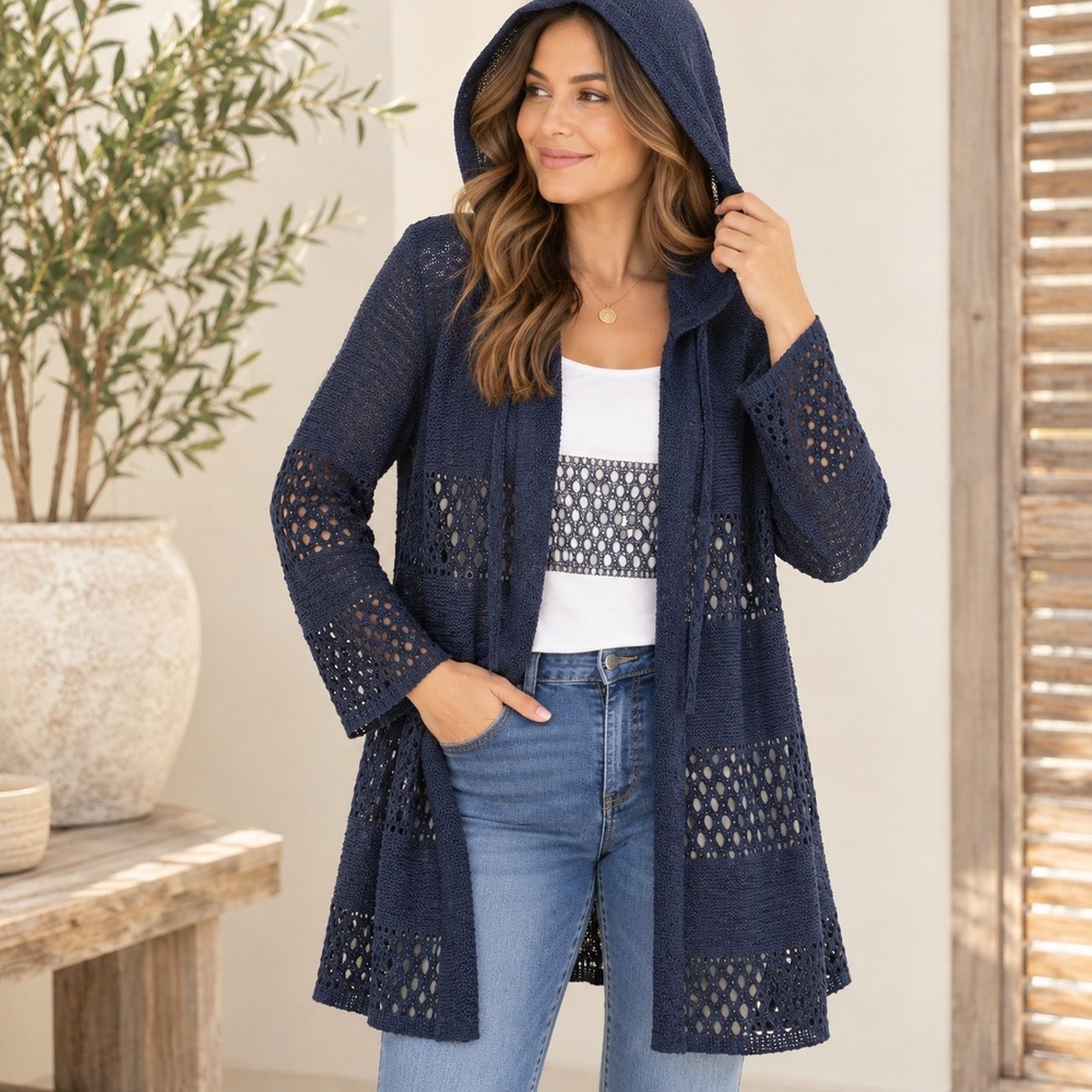 Love Ellie Navy Blue Open Knit Hooded Cardigan Sweater Large Pointelle Boho